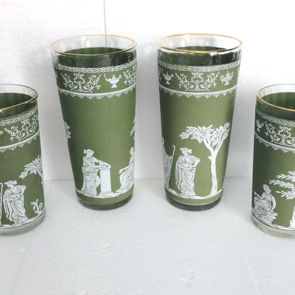 Set of 4 MCM Vtg Jeannette Green Hellenic Greek Drinking Glass Tumblers